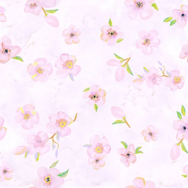 Чарівні картини ручної роботи з ніжними рожевими акварельними квітами, листям і бруньками. Безшовний візерунок для текстильних принтів, дитячий плакат, милі канцелярські товари, крупним планом, простір для копіювання — стокове фото