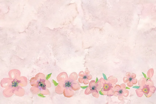 Bájos kézzel festett festmények finom rózsaszín akvarell virágok, levelek és rügyek. Zökkenőmentes minta textil nyomatok, gyermek plakát, aranyos írószer, közelkép, másolás hely — Stock Fotó