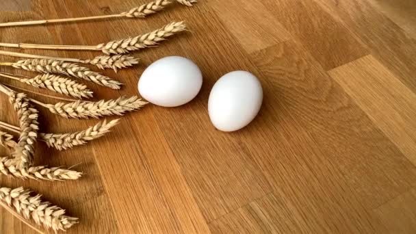 Two White Chicken Eggs Lie Wooden Table Small Light Feather — 비디오