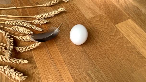 Two White Chicken Eggs Lie Wooden Table Small Light Feather — Stock Video