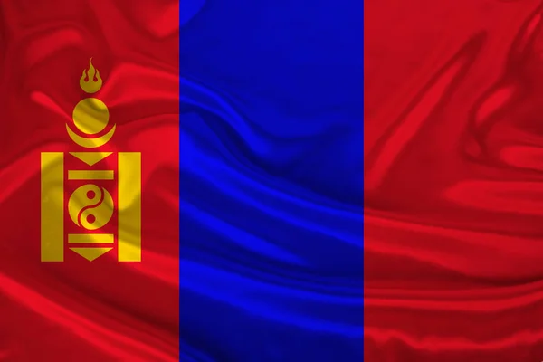 Selyem nemzeti zászló a modern állam Mongólia gyönyörű redők, a koncepció a turizmus, gazdaság, politika, kivándorlás — Stock Fotó