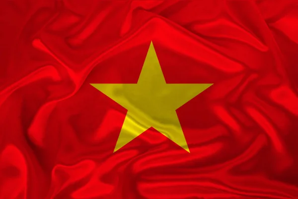 Photo of the national flag of Vietnam on a luxurious texture of satin, silk with waves, folds and highlights, close-up, copy space, concept of state economy and politics, illustration — Stock Photo, Image