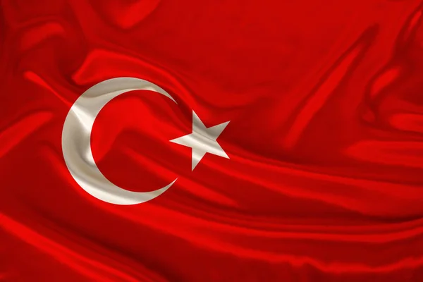 Foto de la bandera nacional del estado de Turquía sobre una textura lujosa de satén, seda con olas, pliegues y reflejos, primer plano, espacio para copiar, ilustración —  Fotos de Stock