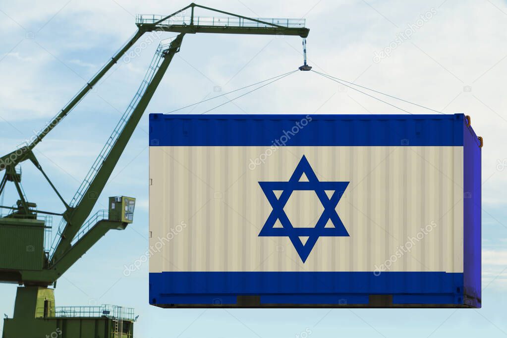 port crane holds a container with the flag of Israel, concept of shipping, distribution of goods in a global business