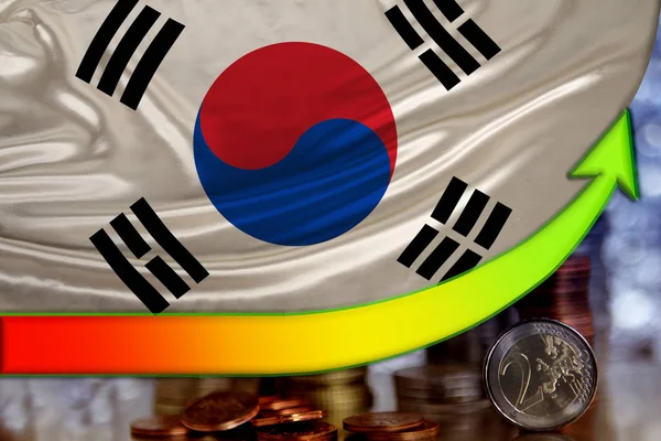 Flèche des positions croissantes de la monnaie euro et du drapeau du pays de Corée du Sud, le concept de croissance financière, la dynamique du taux de change à la monnaie nationale — Photo