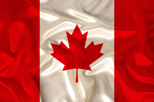 Foto de la bandera nacional de Canadá en una textura lujosa de satén, seda con olas, pliegues y reflejos, primer plano, espacio para copiar, ilustración —  Fotos de Stock