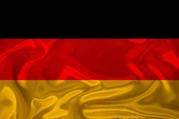 Foto de la bandera nacional de Alemania en una textura lujosa de satén, seda con olas, pliegues y reflejos, primer plano, espacio para copiar, concepto de viaje, economía y política de estado, ilustración — Foto de Stock