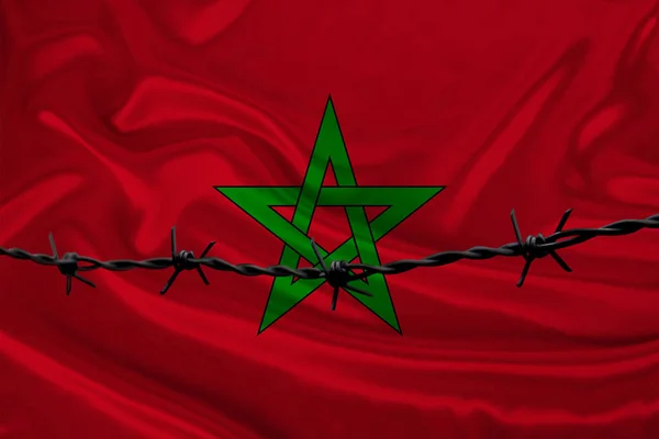 Fil Fer Barbelé Sur Fond Drapeau National Soie Etat Maroc — Photo