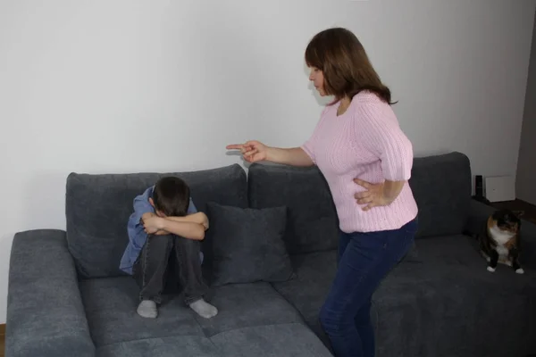 Mujer Madre Regañando Hijo Mostrando Con Una Mano Acusadora Niño —  Fotos de Stock