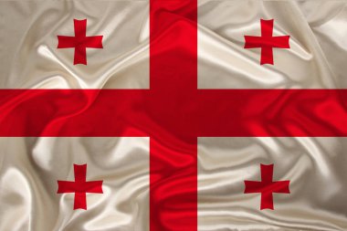 saten lüks bir doku üzerinde Gürcistan ulusal bayrağı nın fotoğraf, dalgalar, kıvrımlar ve vurgular ile ipek, closeup, kopya alanı, illüstrasyon