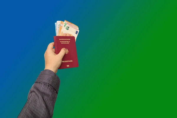 Man Hand Holds Germany Passport Nested Euro Banknotes Euro Currency — Stock Photo, Image