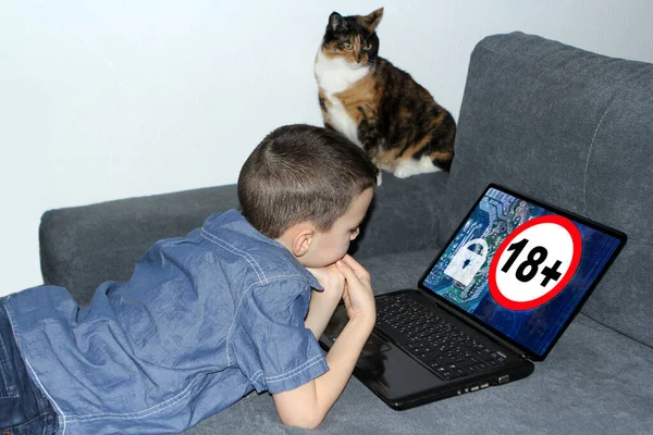 Dziecko Leży Kanapie Przed Otwartym Laptopem Tło Technologiczne Wyświetlaczu Znak — Zdjęcie stockowe