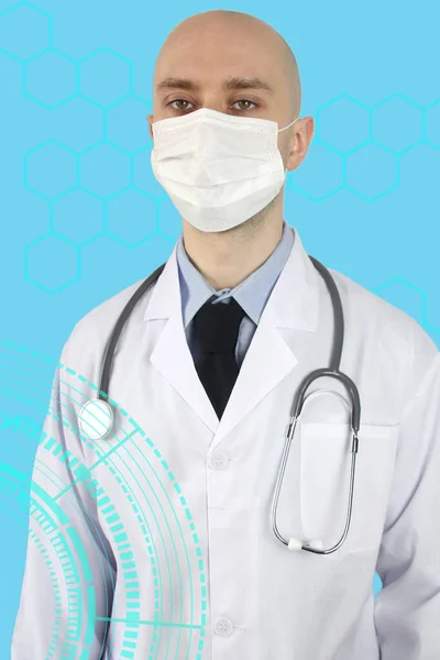 Médico Uniforme Branco Com Estetoscópio Uma Máscara Protetora Óculos Ícones — Fotografia de Stock
