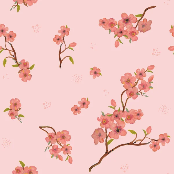 繊細なピンクの水彩画の花 葉や芽で魅力的な手描きの絵画 テキスタイルプリント 子供ポスター かわいい文房具 クローズアップ コピースペースのためのシームレスなパターン — ストック写真