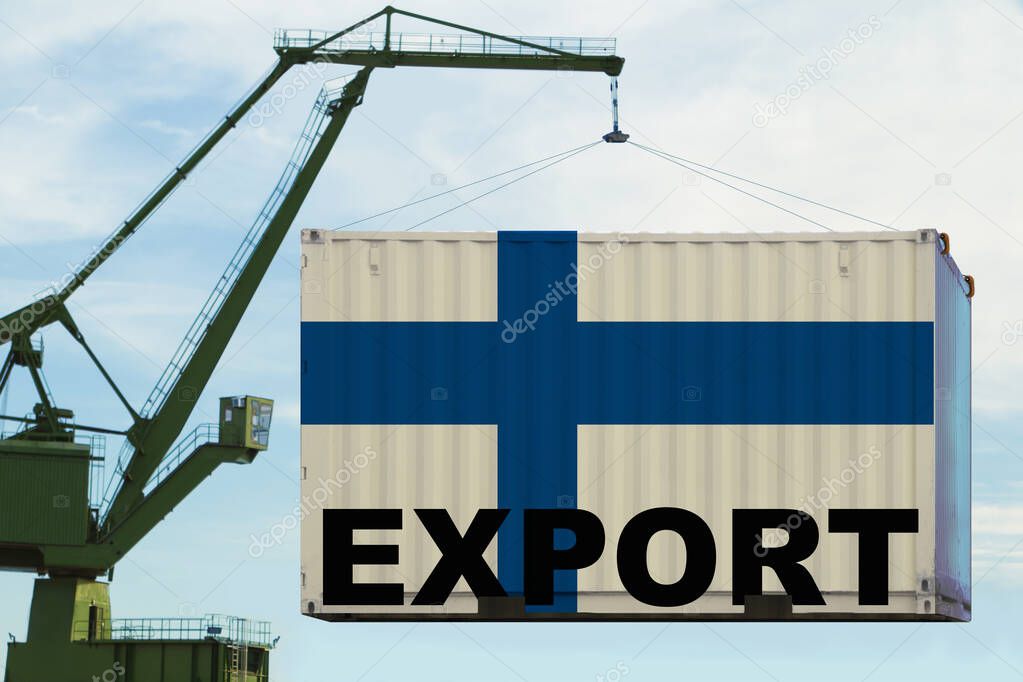 port crane holds a container with Finland flag, concept of shipping, distribution of goods in a global business