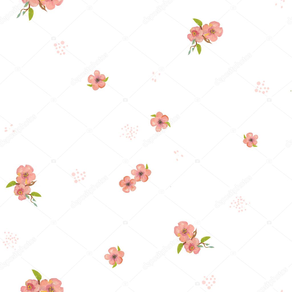 Charming hand painted paintings with delicate pink watercolor flowers, leaves and buds. Seamless pattern for textile prints, childrens poster, cute stationery, close-up, copy space 