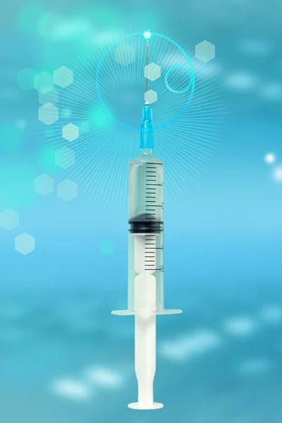 注射用医疗仪器 空虚拟屏幕上有针头的注射器 Covid 19的医学概念 疫苗接种 — 图库照片