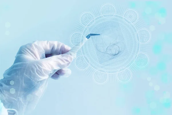 Female Lab Hand Holds Hair Sample Tweezers Dna Test Virtual — Stock Photo, Image