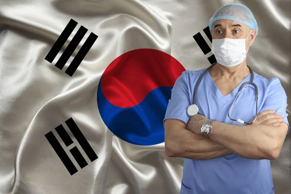 Doctor Uniform Stethoscope Background Silk National Flag South Korea Concept — Stock Photo, Image