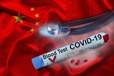 test tube with coronavirus blood test, medical stethoscope, lies on the silk national flag of the state of China, SARS-CoV-2 virus concept, coronavirus, COVID-19 clipart