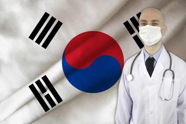 Doctor Uniform Stethoscope Mask Background Silk National Flag South Korea — Stock Photo, Image