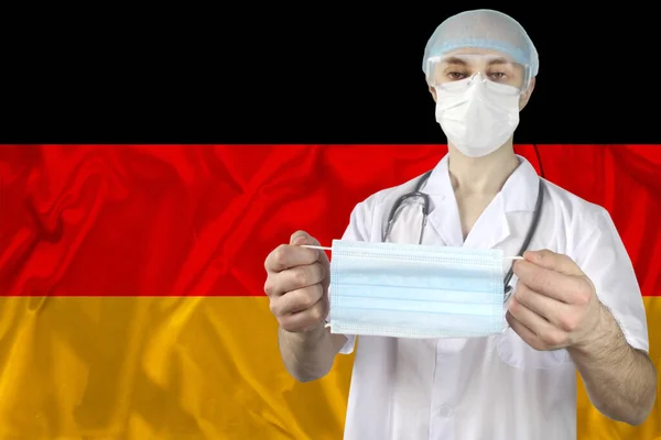 Individual Medical Mask Hands Doctor Backdrop Silk National Flag Germany — Stock Photo, Image