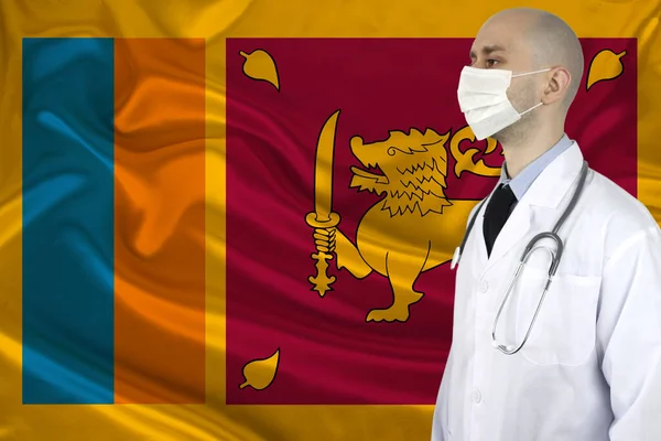 Médico Varón Con Estetoscopio Contexto Bandera Nacional Seda Sri Lanka — Foto de Stock