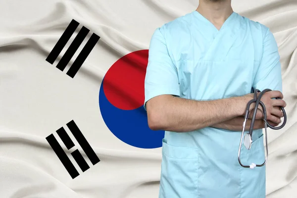 Male Doctor Uniform Professional Clothes Stethoscope Stands Background National Flag — Stock Photo, Image