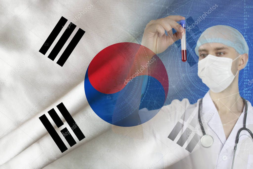 scientist, doctor does a blood test, develops a vaccine, medicine against the silk flag of South Korea, the concept of vaccination against SARS-CoV-2 virus, coronavirus, COVID-19, flu, infection