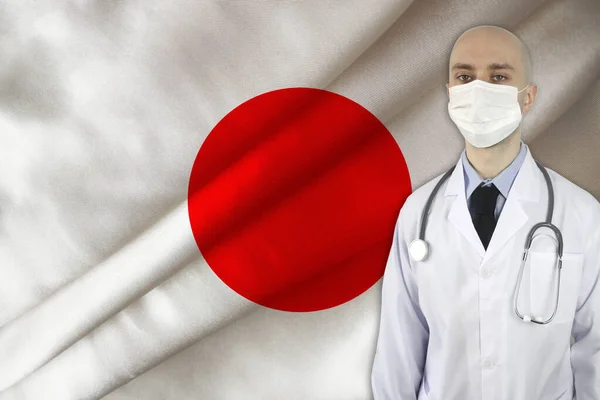 Médico Con Estetoscopio Fondo Bandera Nacional Seda Japón Concepto Atención — Foto de Stock