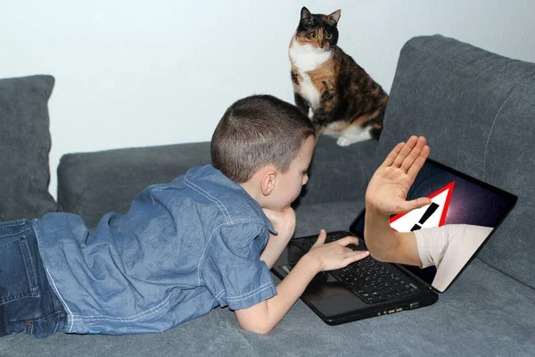 Criança Menino Idade Escolar Primária Encontra Sofá Frente Laptop Aberto — Fotografia de Stock