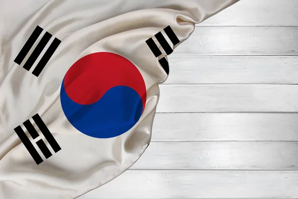 Seta Bandiera Nazionale Del Paese Moderno Corea Trova Sfondo Legno — Foto Stock