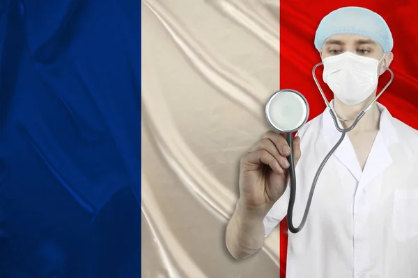 Médico Con Estetoscopio Fondo Bandera Nacional Seda Francia Concepto Atención — Foto de Stock