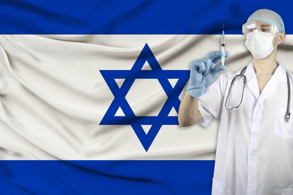 Jeringa Médica Inyectable Manos Médico Contexto Bandera Nacional Israel Concepto — Foto de Stock