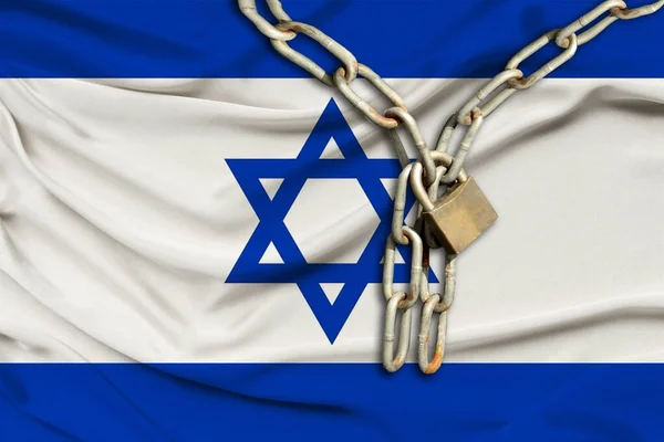 Железная Цепь Замок Израильском Шелковом Национальном Флаге Красивыми Складками Концепция — стоковое фото