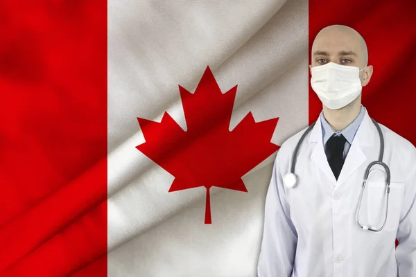 Doctor Masculino Con Estetoscopio Fondo Bandera Nacional Seda Canadá Concepto — Foto de Stock