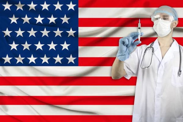 Jeringa Médica Inyectable Manos Médico Contexto Bandera Nacional Los Estados — Foto de Stock