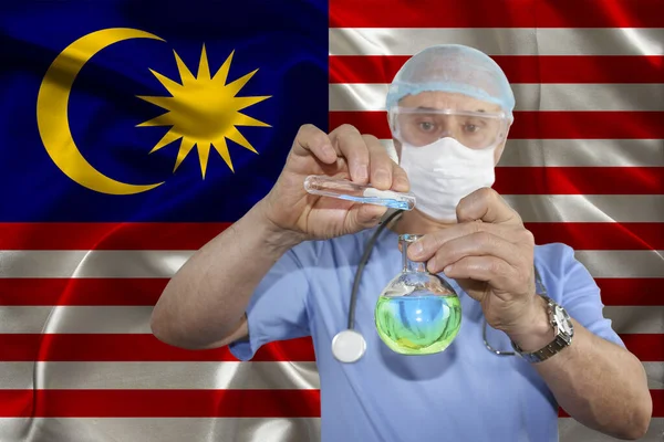 Scientist Doctor Does Test Develops Vaccine Medicine Malaysia Silk Flag — Stock Photo, Image