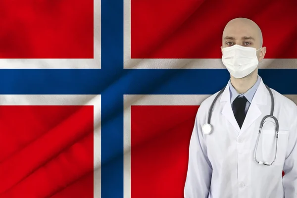 male doctor with stethoscope on the background of the silk national flag of Norway, concept of national medical care, health, insurance, tourism