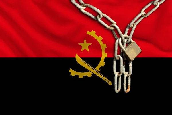 Iron Chain Lock Silk National Flag Angola Beautiful Folds Concept — Stock Photo, Image