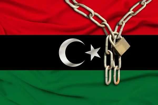 Залізний Ланцюг Замок Шовковому Національному Прапорі Лівії Красивими Складками Концепція — стокове фото