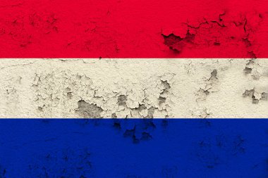 Çağdaş Hollanda devletinin ulusal bayrağı çatlakları, turizm, seyahat, göç, küresel ticaret kavramlarıyla dolu eski bir tarihi duvarda