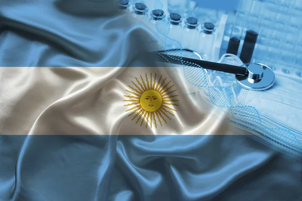 Orvosi Kémcsövek Sztetoszkóp Sarokban Selyem Nemzeti Zászló Argentína Állam Orvostudomány — Stock Fotó