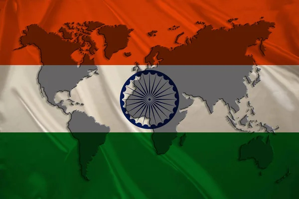Sziluett Világtérkép Selyem Nemzeti Zászló Modern Állam India Gyönyörű Redők — Stock Fotó
