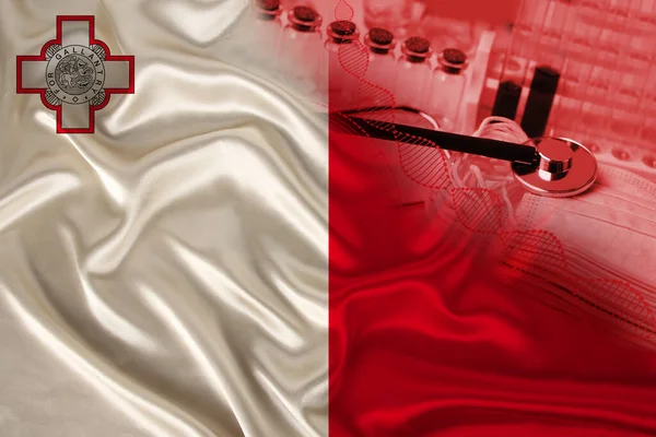 Medicinska Provrör Stetoskop Hörnet Den Nationella Silkesflaggan Staten Malta Medicin — Stockfoto
