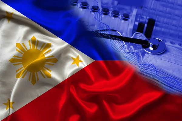 Медицинские Пробирки Стетоскоп Углу Филиппин Государственный Шелковый Флаг Медицинская Концепция — стоковое фото