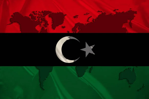 Силует Світової Мапи Шовковому Національному Прапорі Сучасної Лівії Красивими Складками — стокове фото