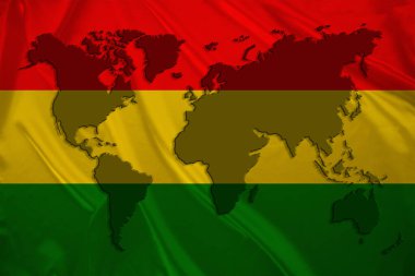 Modern Bolivya 'nın ipek milli bayrağında bir dünya haritasının silüeti. Güzel kıvrımlar, turizm, seyahat, göç, küresel iş dünyası.