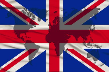 Büyük Britanya 'nın modern devletinin ipek ulusal bayrağında bir dünya haritasının silüeti. Güzel kıvrımları, turizm, seyahat, göç, küresel ticaret kavramı.