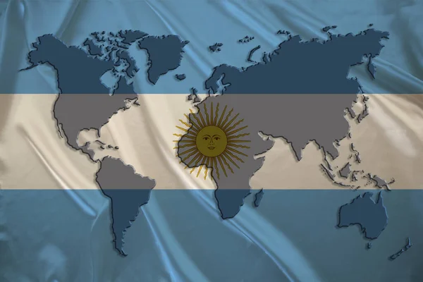 Silhouette World Map Silk National Flag Modern State Argentina Beautiful — Stock Photo, Image
